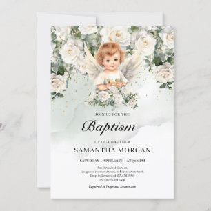 Cute baby angel White Roses Greenery and Gold Invitation