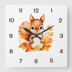 Cute Baby Animal Squirrel Autumn Leaves Square Wall Clock
