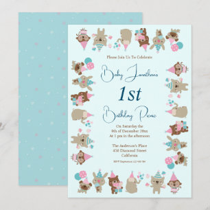 Cute Baby Animals 1st Birthday Picnic Aqua Invitation