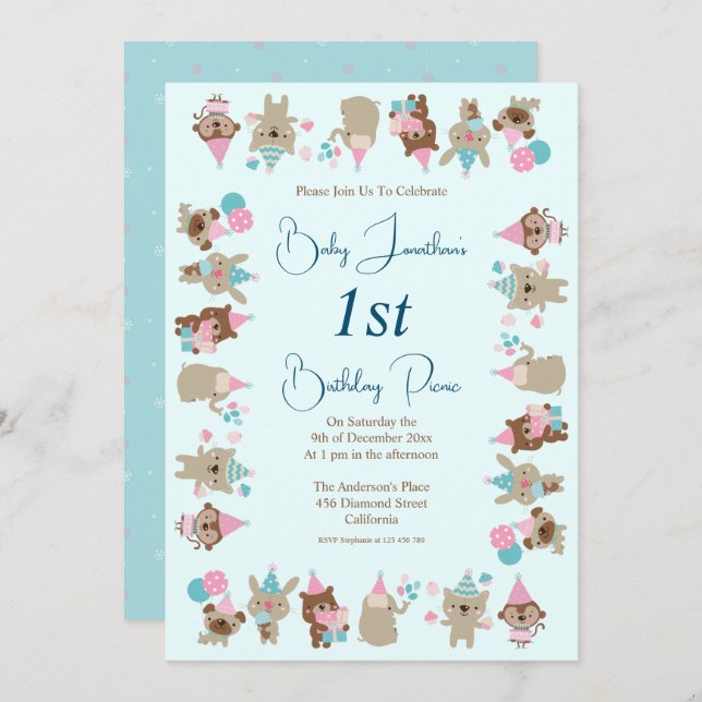 Cute Baby Animals 1st Birthday Picnic Aqua Invitation (Front/Back)