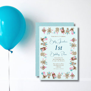 Cute Baby Animals 1st Birthday Picnic Aqua Invitation