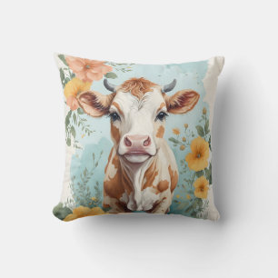 Cute Baby Animals   Adorable Cow Calf Floral Cushion
