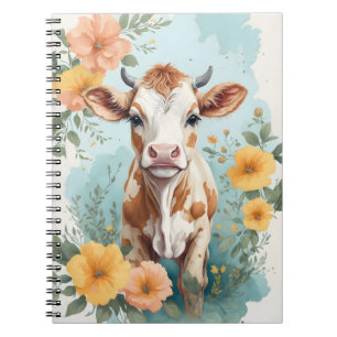 Cute Baby Animals   Adorable Cow Calf Floral Notebook