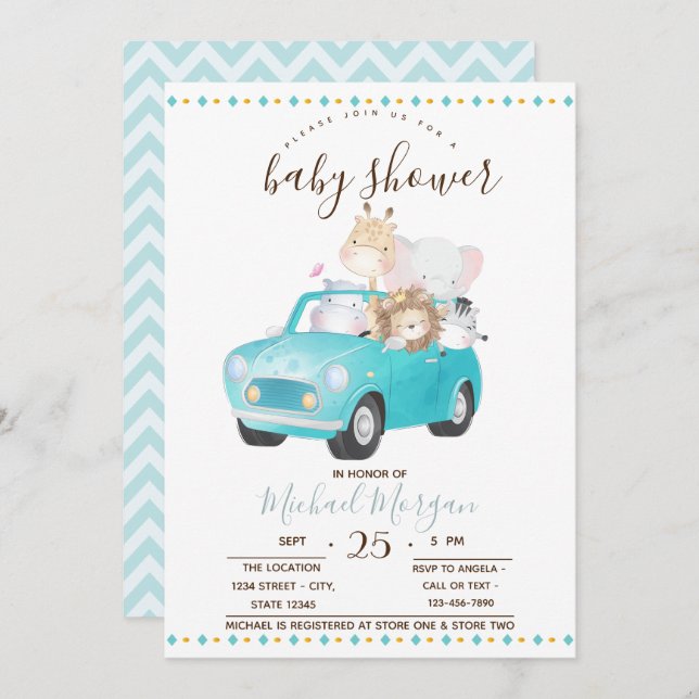 Cute Baby Animals Car,Zigzag Baby Shower Invitation (Front/Back)
