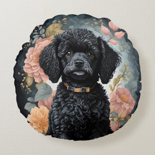 Cute Baby Animals | Cute Black Poodle Puppy Round Cushion (Front)