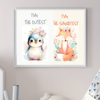Cute Baby Animals Funny kids nursery Fox Penguin  Poster