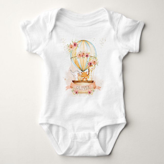 Cute Baby Animals Hot Air Balloon Floral  Bodysuit (Front)