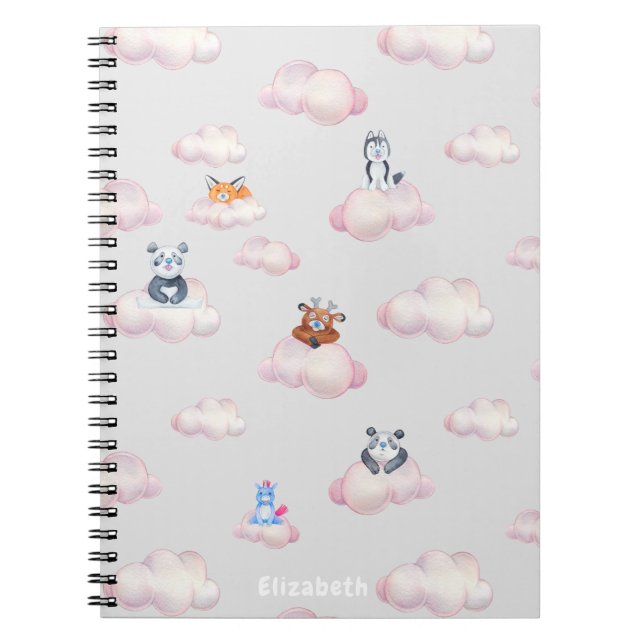 Cute Baby Animals On Clouds Monogram Notebook (Front)