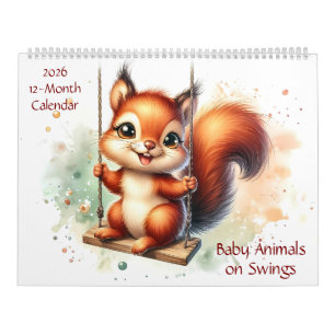 Cute Baby Animals on Swings 12 Months 2026 Calendar