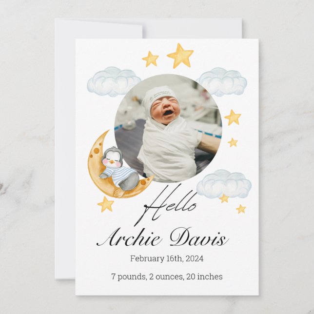 Cute baby  announcement with a baby penguin  (Front)