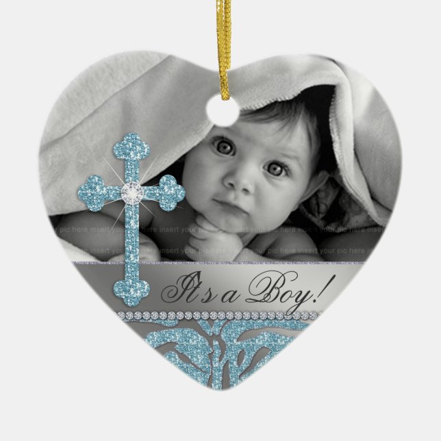 Cute Baby Baptism Cross Birth Announcement Zebra Ceramic Tree Decoration (Front)