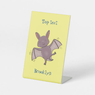 Cute baby bat flying cartoon illustration pedestal sign
