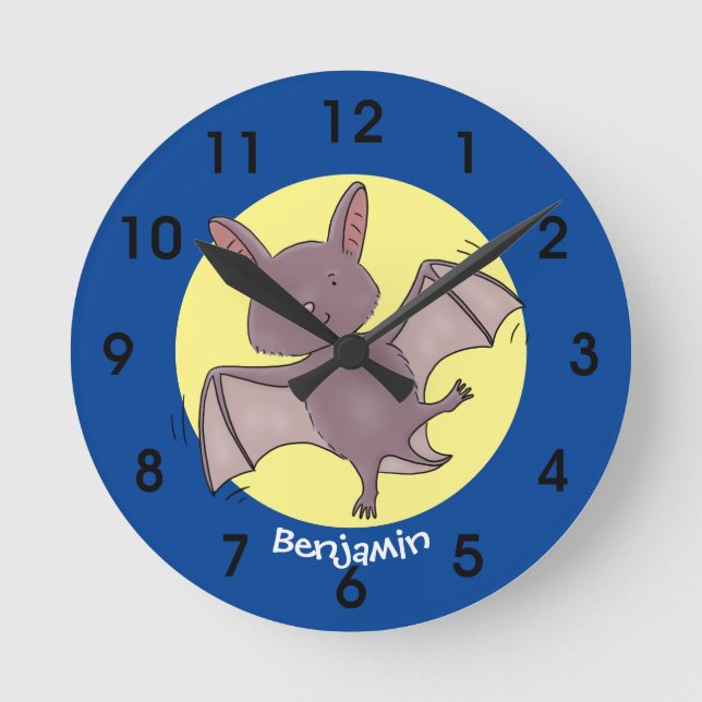 Cute baby bat flying cartoon illustration round clock (Front)