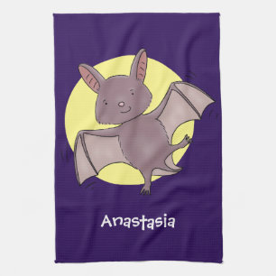 Cute baby bat flying cartoon illustration tea towel