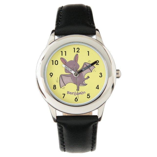 Cute baby bat flying cartoon illustration watch (Front)
