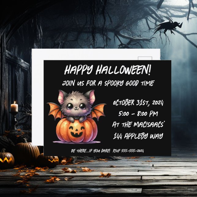 Cute Baby Bat Halloween Party Invitation (Cute Happy Halloween Baby Bat Pumpkin illustration design)