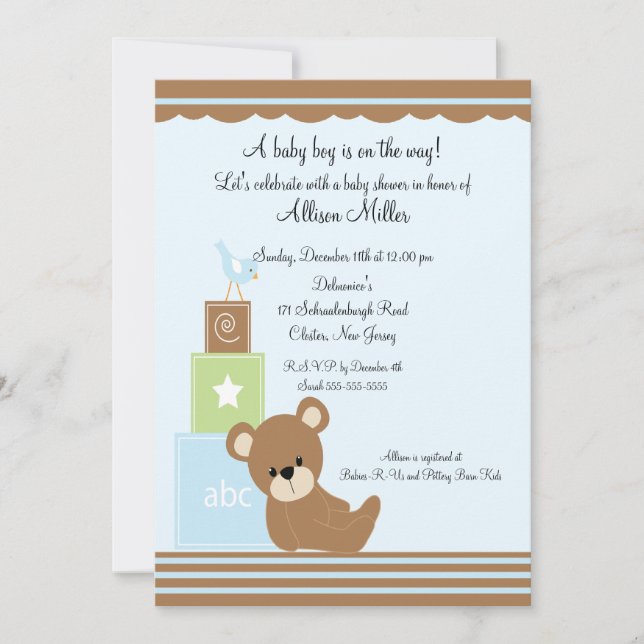 Cute Baby Bear Blocks Boy Baby Shower Invitation (Front)