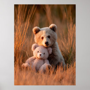 Cute Baby Bear Cub Hugging a Teddy Bear Poster