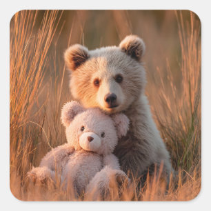 Cute Baby Bear Cub Hugging a Teddy Bear Square Sticker