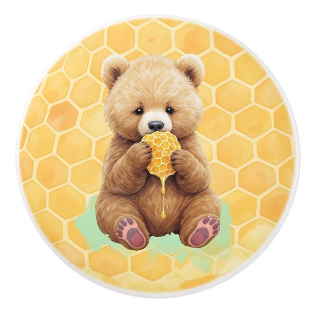 Cute Baby Bear Cup eating Honey Ceramic Knob (Front)