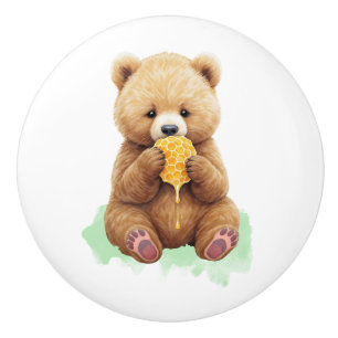 Cute Baby Bear Cup eating Honey Ceramic Knob