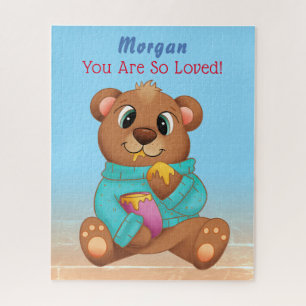 Cute Baby Bear Eating Honey Child's Name & Message Jigsaw Puzzle