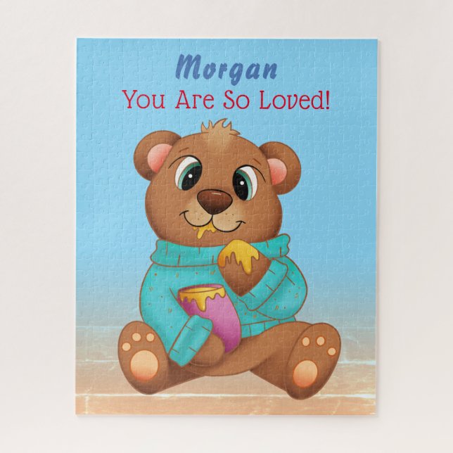 Cute Baby Bear Eating Honey Child's Name & Message Jigsaw Puzzle (Vertical)