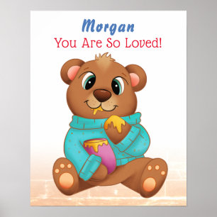 Cute Baby Bear Eating Honey Child's Name & Message Poster