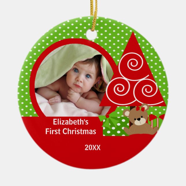 Cute Baby Bear Girl Photo First Christmas Ornament (Front)
