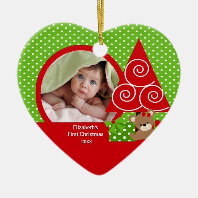 Cute Baby Bear Girl Photo First Christmas Ornament (Front)