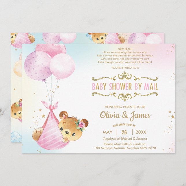 Cute Baby Bear Girl Virtual Baby Shower by Mail Invitation (Front/Back)