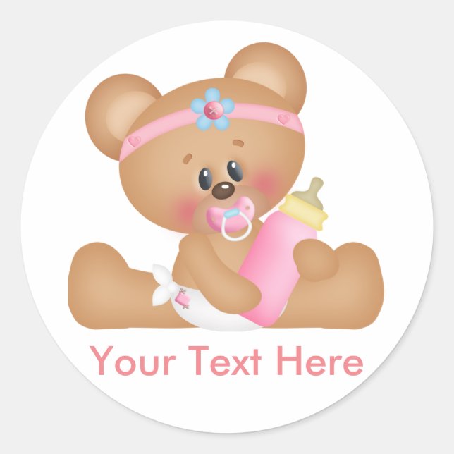Cute Baby Bear Girl with Custom Text Classic Round Sticker (Front)