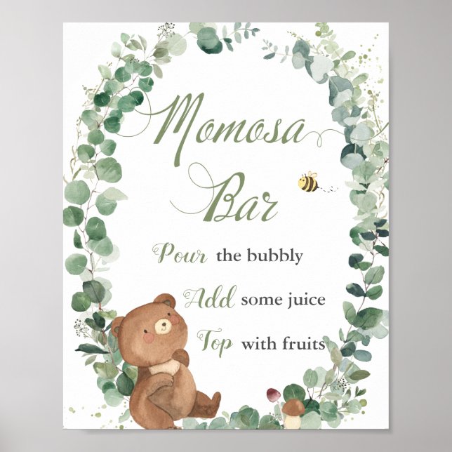Cute Baby Bear Greenery Baby Shower Momosa Bar  Poster (Front)