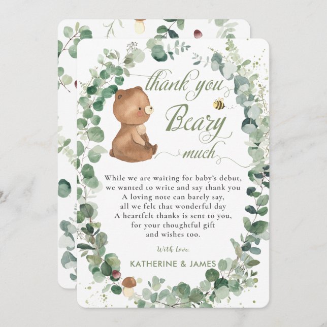  Cute Baby Bear Greenery Gender Neutral Shower   T Thank You Card (Front/Back)