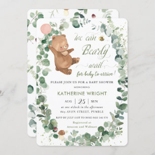 Cute Baby Bear Greenery Girl Baby Shower Invitation