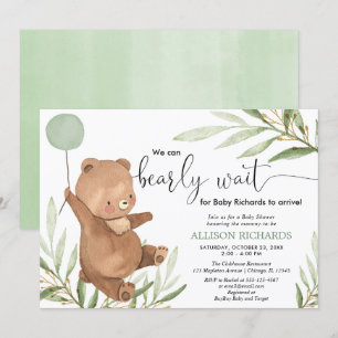 Cute baby bear greenery gold gender neutral shower invitation