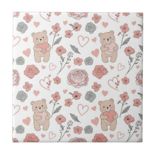 Cute Baby Bear Hearts Pattern Ceramic Tile