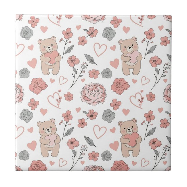 Cute Baby Bear Hearts Pattern Ceramic Tile (Front)
