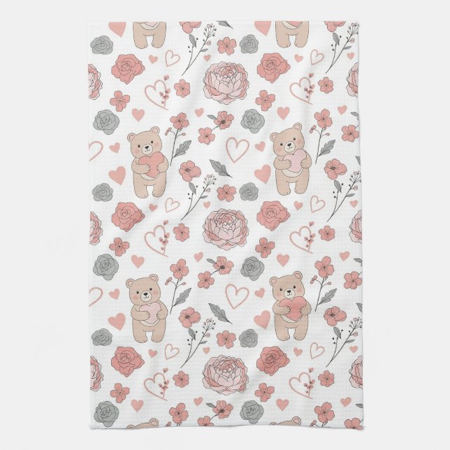 Cute Baby Bear Hearts Pattern Tea Towel (Vertical)
