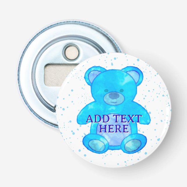 Cute Baby Bear In Blue Custom Text Bottle Opener (Front)