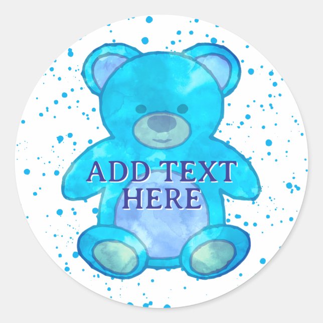 Cute Baby Bear In Blue Custom Text Classic Round Sticker (Front)