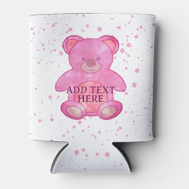 Cute Baby Bear In Pink Custom Text Can Cooler (Front)