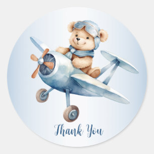 Cute Baby Bear Pilot Blue Airplane Beautiful Classic Round Sticker