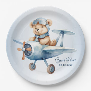 Cute Baby Bear Pilot Blue Airplane Paper Plate