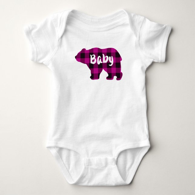 Cute baby bear pink black plaid pattern baby bodysuit (Front)