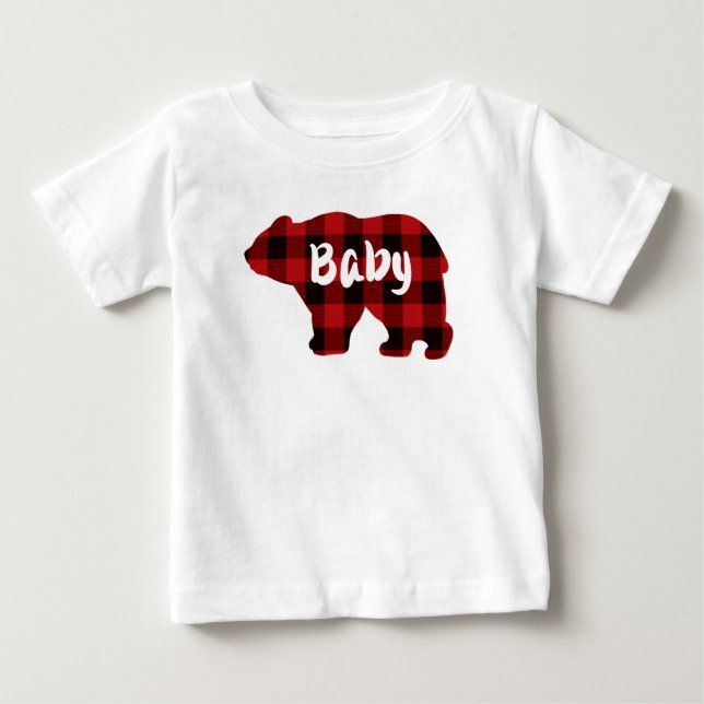Cute Baby bear red black buffalo plaid pattern Baby T-Shirt (Front)