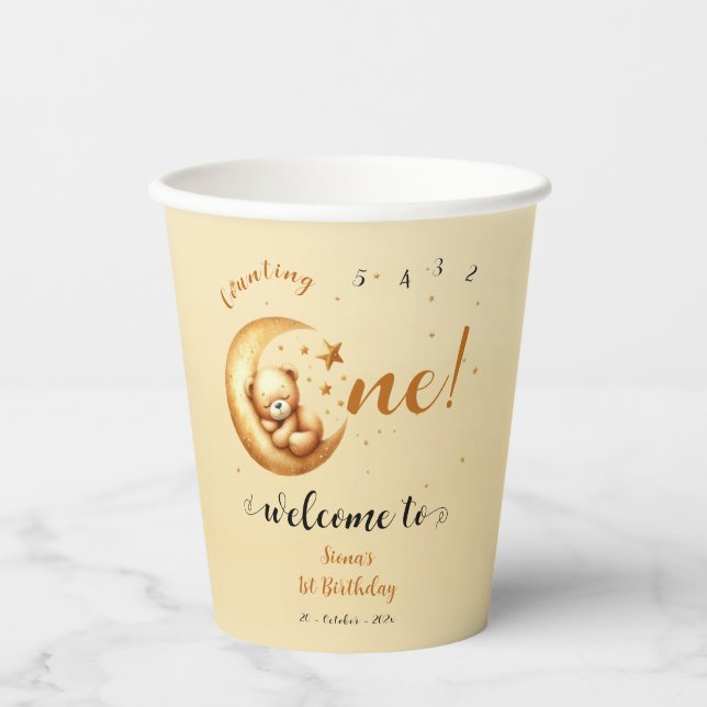 Cute Baby Bear Sleeping On The Moon 1st Birthday Paper Cups (Front)