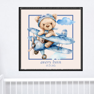 Cute Baby Bear & Toy Aeroplane Nursery Wall Art
