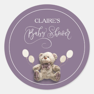 Cute Baby Bear with Balloons Purple With Name Classic Round Sticker
