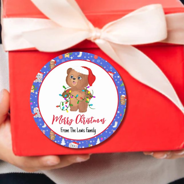 Cute Baby Bear With Zoo Merry Christmas  Classic Round Sticker (Creator Uploaded)